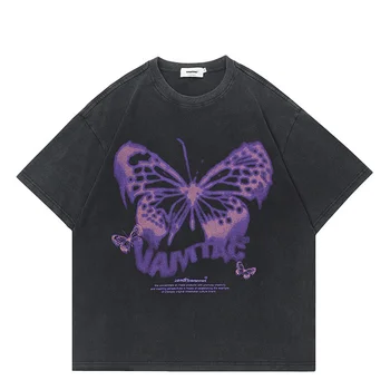 Bavlna osobnosti Motýľ Tlač tričko Fashion Y2K Ulici Retro Hip Hop Mužov a Žien Voľné Jednoduché Gotický Nadrozmerné T tričko