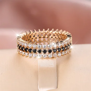 Biely Zirkón Zapojenie Kapela Krúžok Jednoradové Black Crystal Malé Kamenné Prstene Pre Ženy Vintage Zlatá Farba Svadobné Svadobné Šperky