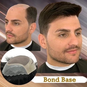 Bond Základ 100% Ľudské Vlasy, pánske Toupee Vlasy Kus Pre Mužov Remy Vlasy Jemné Mono Čipky S PU Trvalé Vysokej Kvality