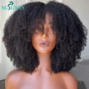 Kinky Afro Kučeravé Parochňu Ľudské Vlasy S Ofinou Remy Brazílsky Celý Stroj Vyrobený Pokožku Hlavy Hore Bang Parochňu Ľudských Vlasov Pre Ženy Xcsunny