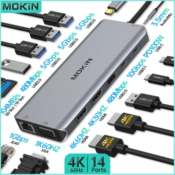 MOKiN 14 v 1 Dokovacej Stanice pre MacBook Air/Pro, iPad, technológia Thunderbolt Laptop - USB-C 3.1, HDMI 4K30Hz, PD 100W, RJ45 1Gbps, Audio