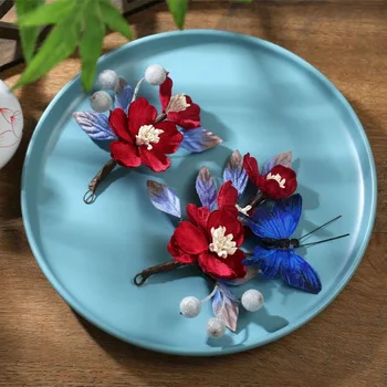 Nový Červený Kvet Čínsky Butterfly Svadobné Vlasové Ozdoby Pokrývku Hlavy Nastaviť Svadobné Vlasy Hrebeňa