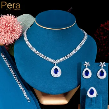 Pera Luxusné Svadobné Svadobné 4Pcs Šperky Set Blue CZ Kameň Veľký Kvapka Vody Náhrdelník Prívesok Náušnice, Náramok, Prsteň pre Ženy J068