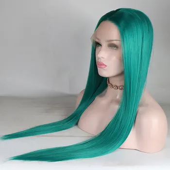 Zelená Farba Priamo Syntetické 13X4 Predné Čipky Parochne Glueless Vysoká Kvalita Tepelne Odolných Vlákien Vlasy Uprostred Lúčenie Pre Ženy Parochňu