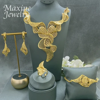 Zlaté Dubaj 18K Zlatom Šperky Set pre Ženy, Afriky Náhrdelníky Náušnice Náramok, Prsteň Luxusné Strane Nigérijský Svadobné Dary